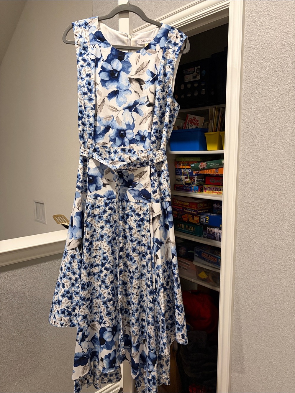 Calvin Klein Blue and White Floral Sleeveless Fit-and-Flare Dress